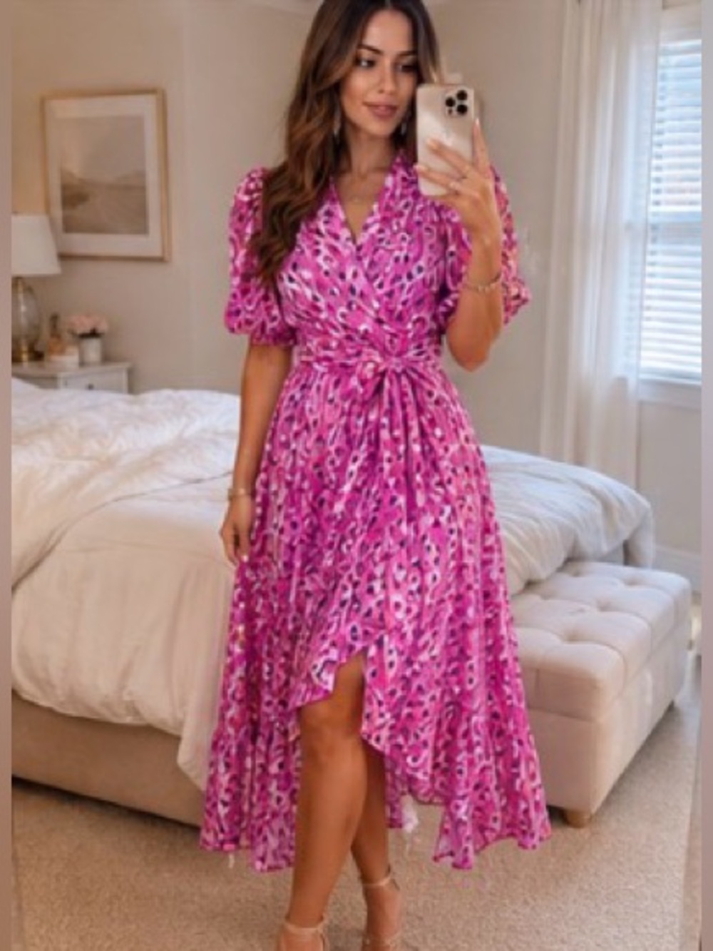Lilly Pulitzer Juney Faux Wrap Midi Dress | Wild Fuchsia | Puff Sleeve | 6 - Picture 12 of 14